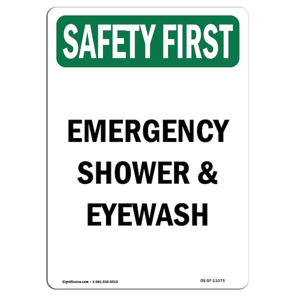 Safety Sign, OSHA SAFETY FIRST, 5" Height, Emergency Shower And Eyewash, Portrait, 10PK